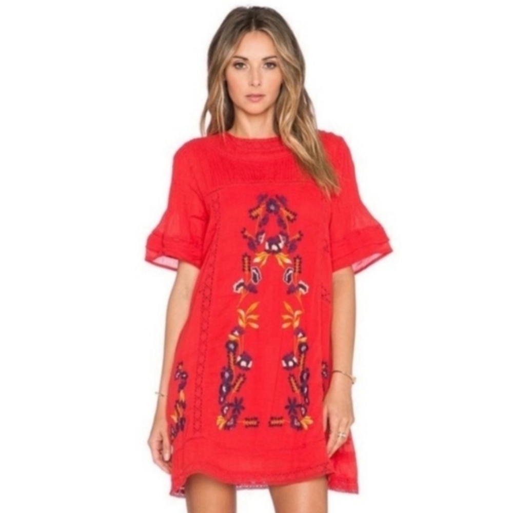 Free People Red Embroidered Short Sleeve Shift Dress